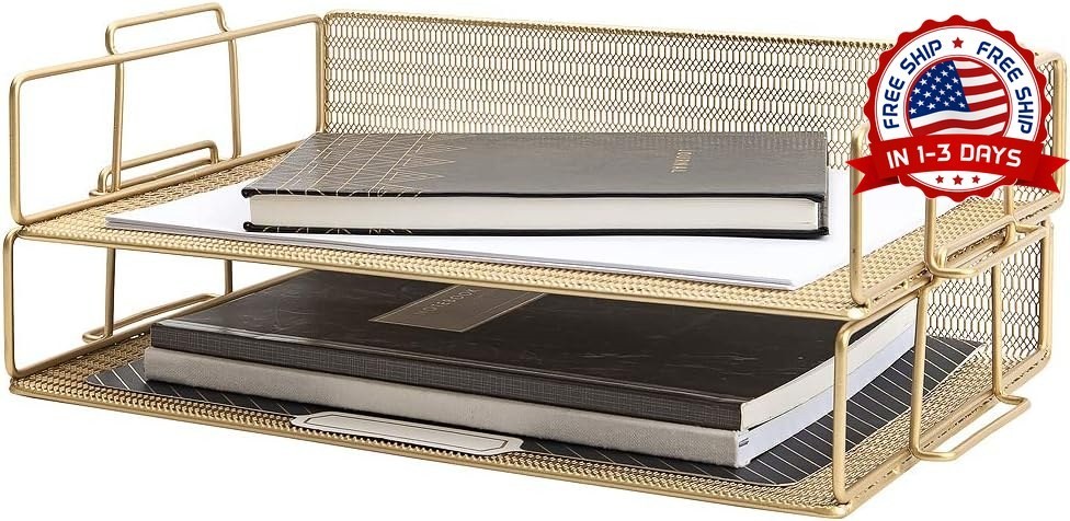 Set de 2 Bandejas de Archivos de Malla de Metal Dorada Apilables para Escritorio