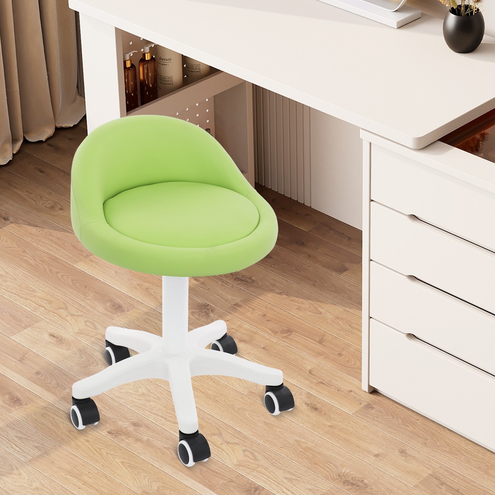 Adjustable Beauty Salon Chair Rolling Stool, Rolling Stool W/ Low Backrest Green