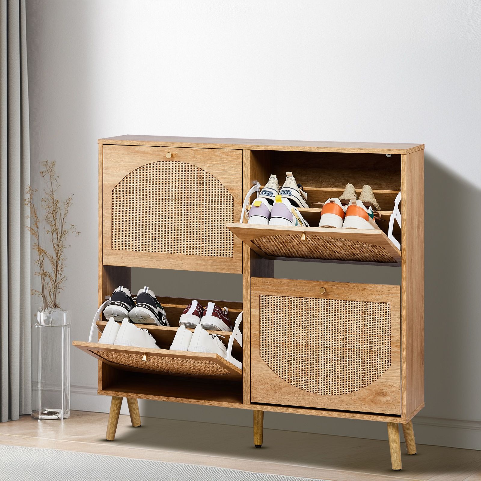 2 rows of 4 dump buckets with high feet arched rattan surface shoe cabinet densi