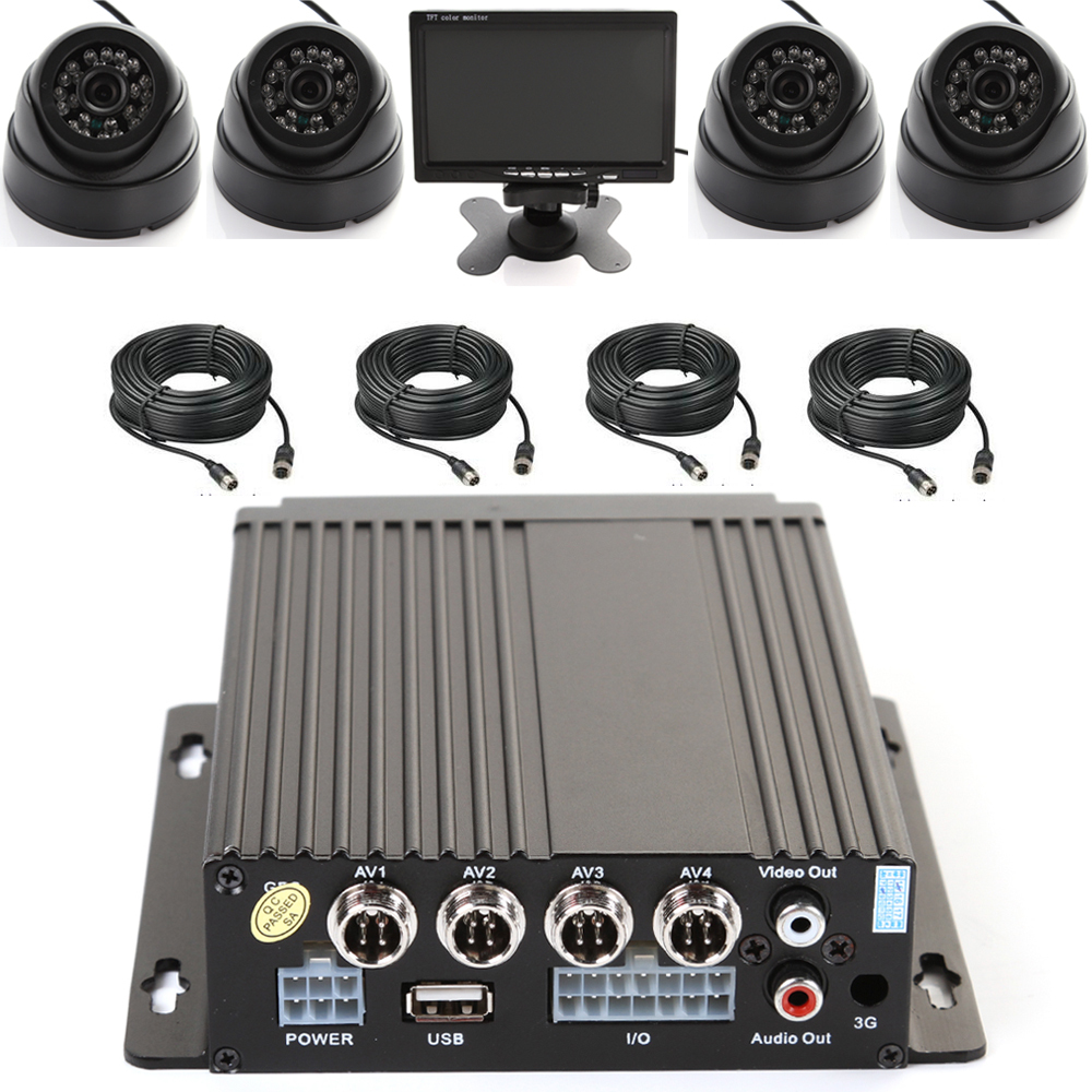 4CH Car Bus IR Mobile DVR SD Card Recorder +4 Camera + Cable + 7" LCD Screen Set