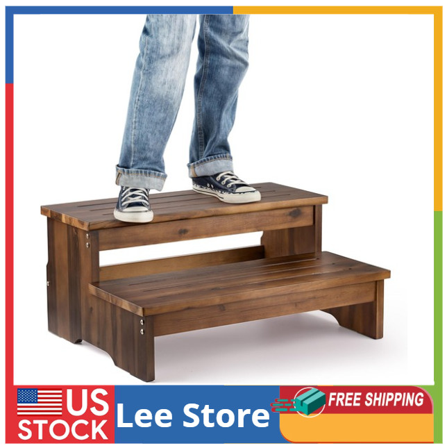 Elegant 25 Walnut Acacia Bed Steps - 500 lbs Capacity, For High Beds & Hot Tubs