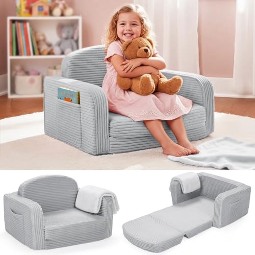 Foryoomi 2 in 1 Convertible Kids Couch - Corduroy Fold Out Kids Medium Grey