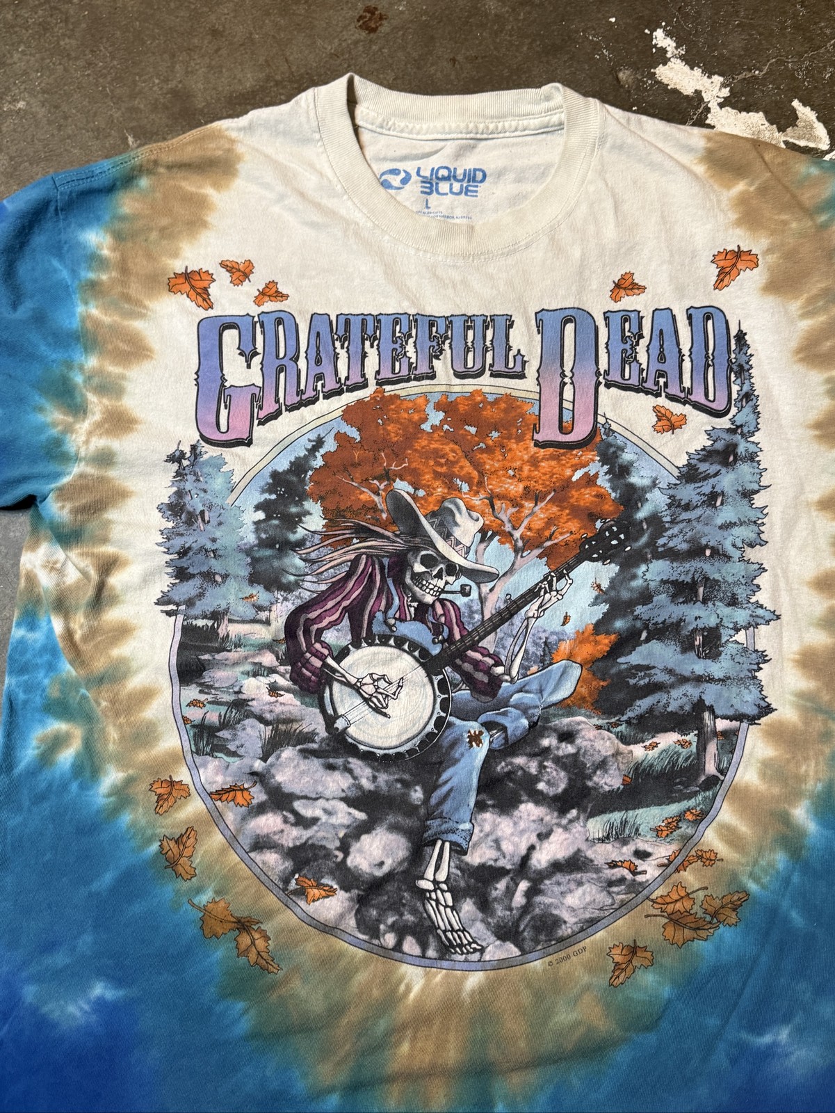 Grateful Dead Liquid Blue Banjo Skeleton Tie Dye Tee Men's L Y2K