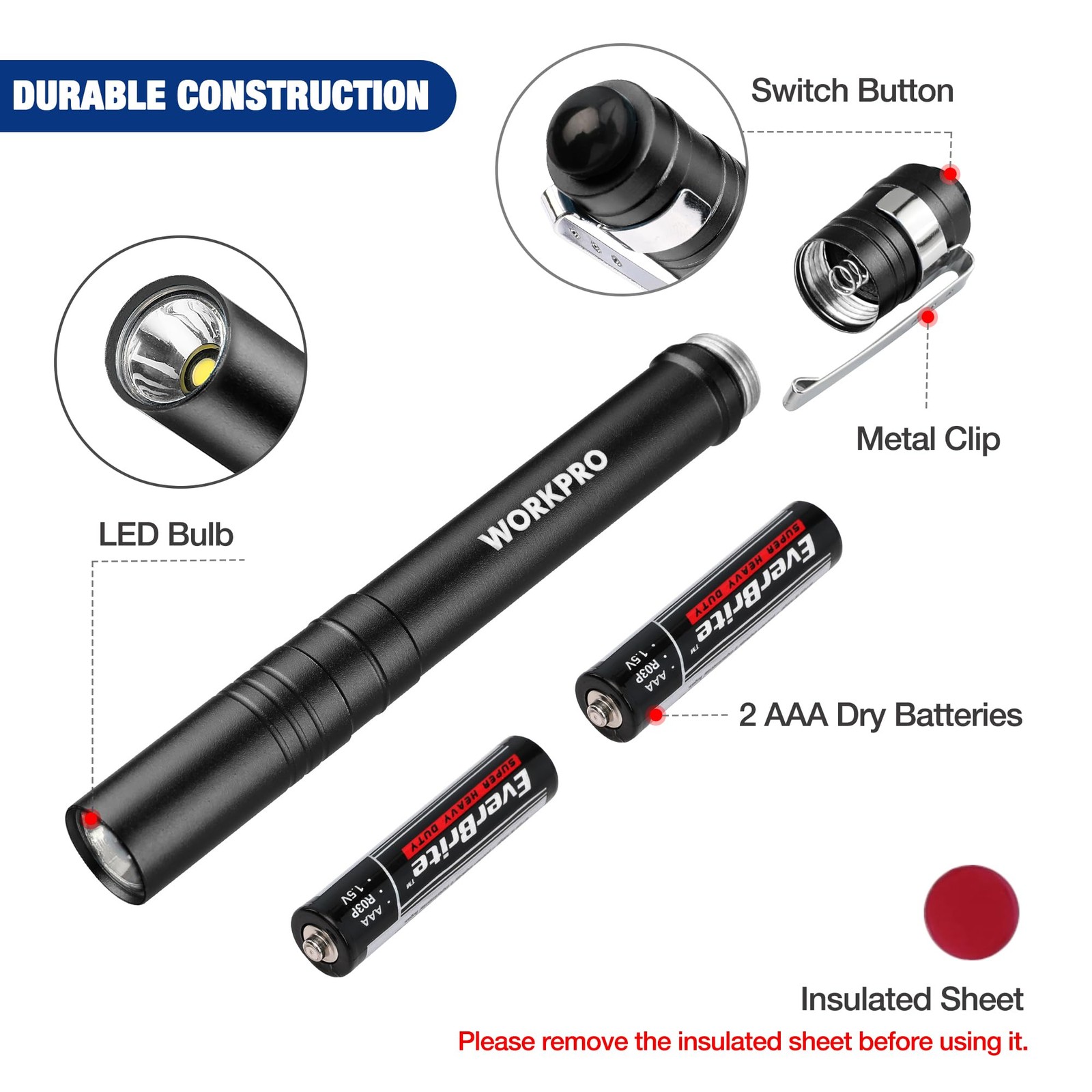 WORKPRO LED Pen Light, Aluminum Pen Flashlights, Pocket Flashlight with Clip 4pc