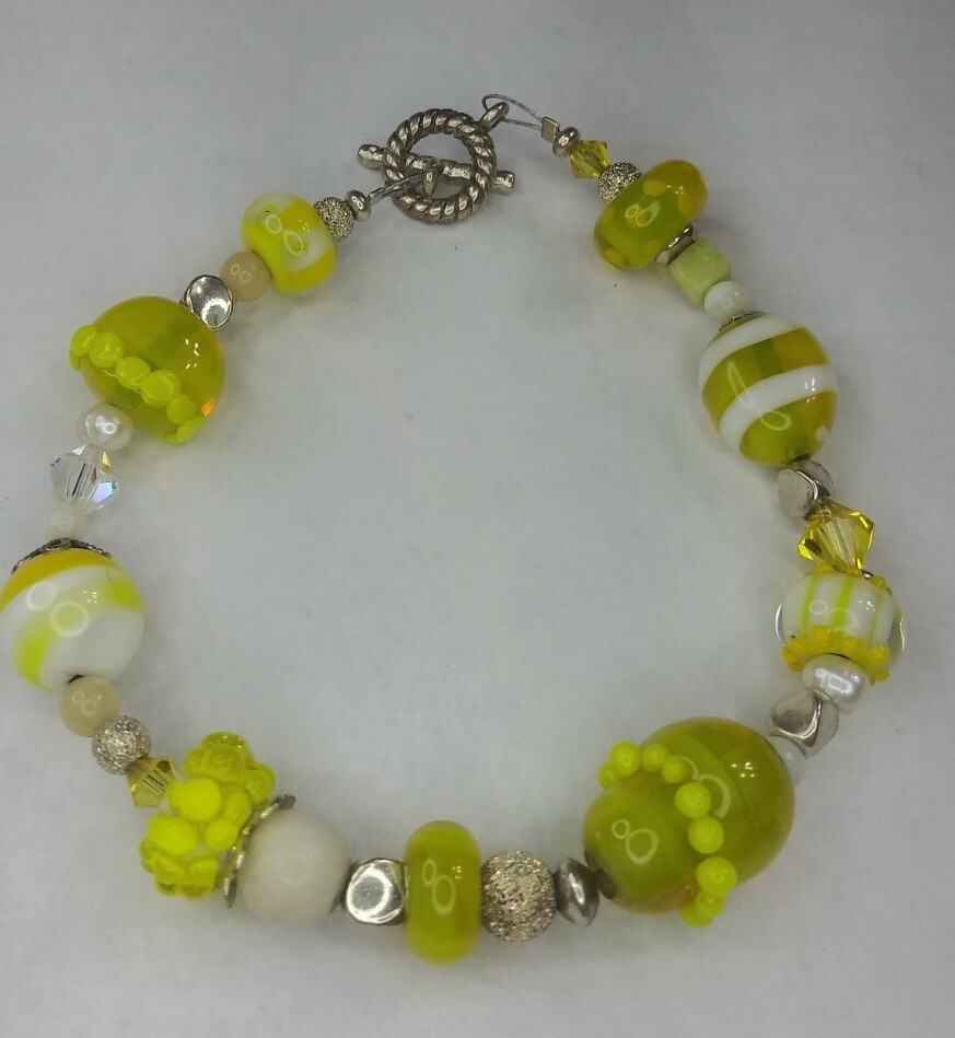 Yellow Lampwork Bracelet, Handmade Glass Beads, Swarvoski Crystals