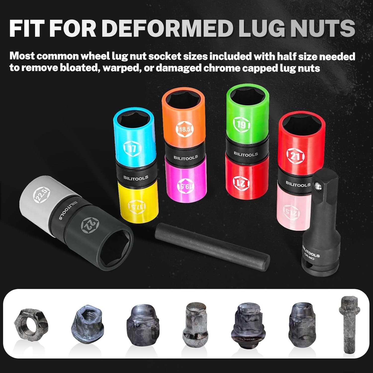 Half Sizes Lug Nut Socket Set, 1/2" Thin Wall Impact Flip Sockets for Wheel l...