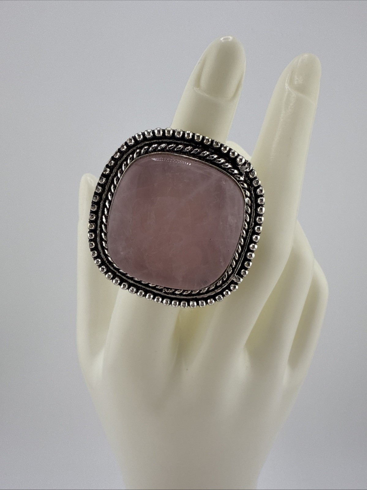 German Silver Rose Quartz Square Statement Ring Size 6 NWT