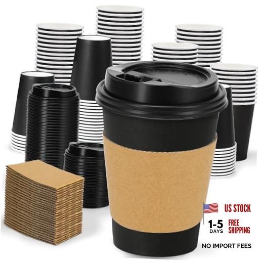 100 Pack Disposable Paper Coffee Cups with Lids and Sleeves—Leak 12 oz—Black
