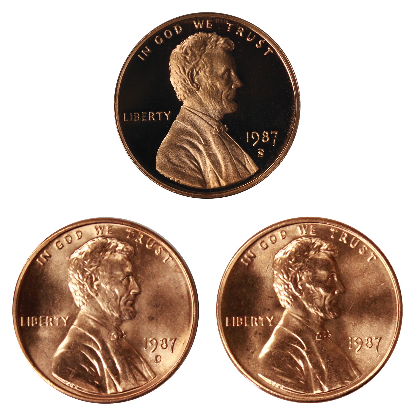 1987 P D S Lincoln Memorial Cent 1c Year set Proof & BU US 3 Coin lot