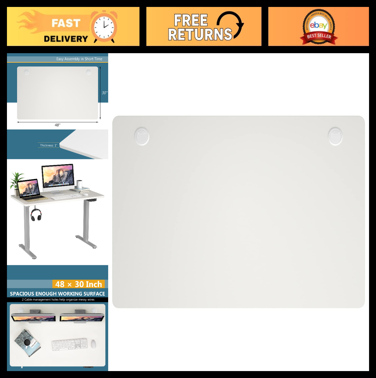 48x30 Inch Solid Rectangular Desk Top - Universal Office Tabletop w/ Cable Manag