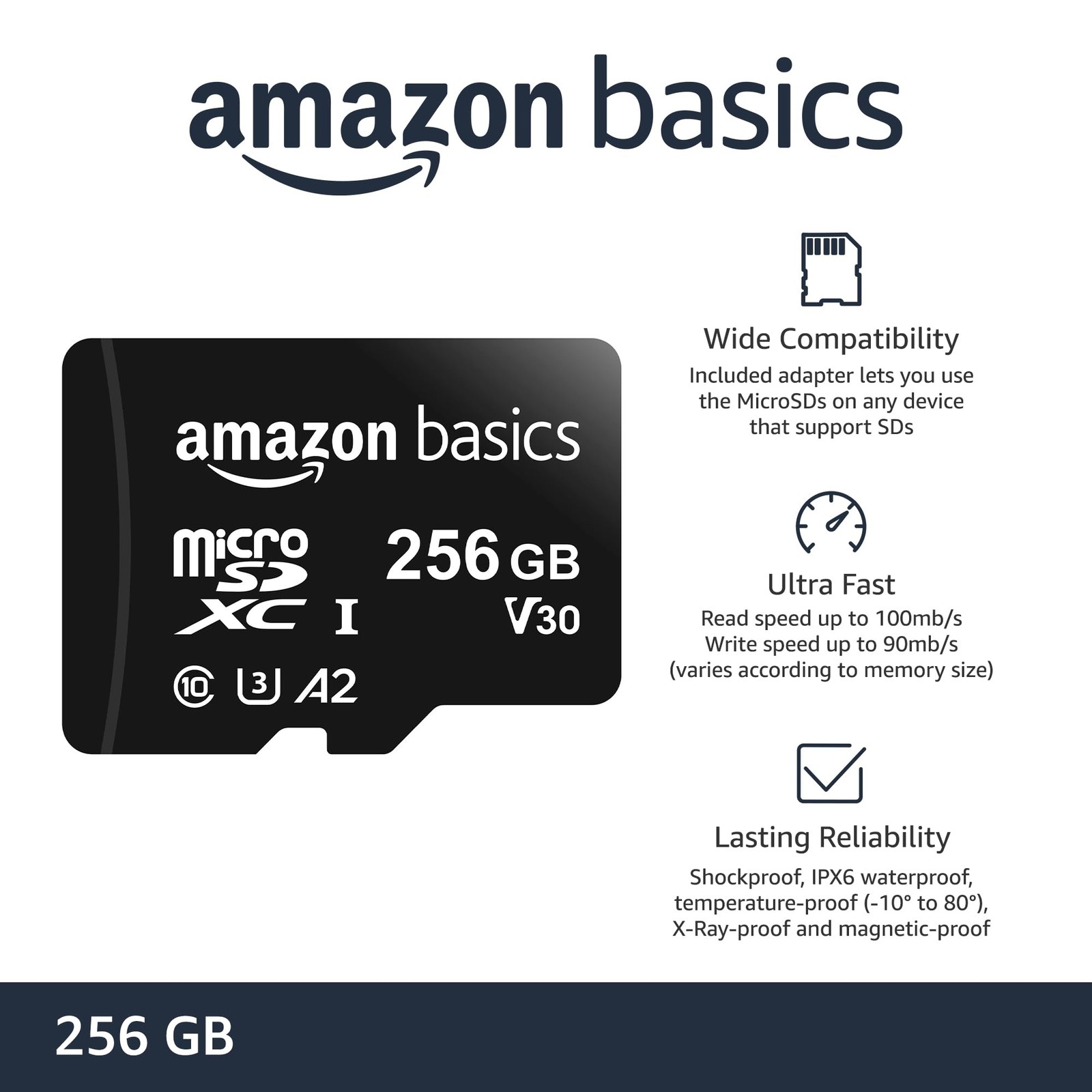 Amazon Basics microSDXC Memory Card with Full Size Adapter, A2, 256 GB, Black