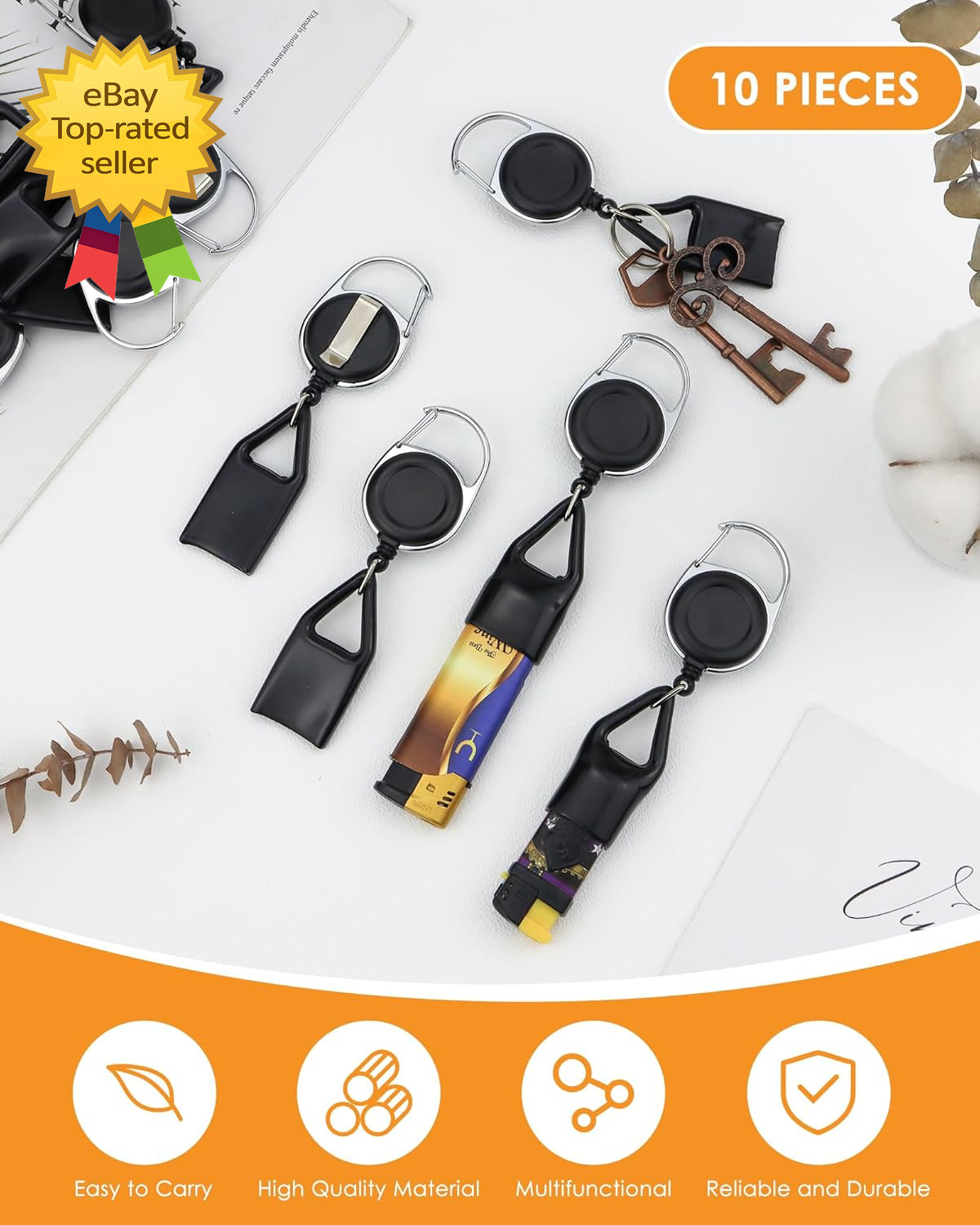 10PCS Retractable Lighter Clip Holder Keychain Lighter Leash Black