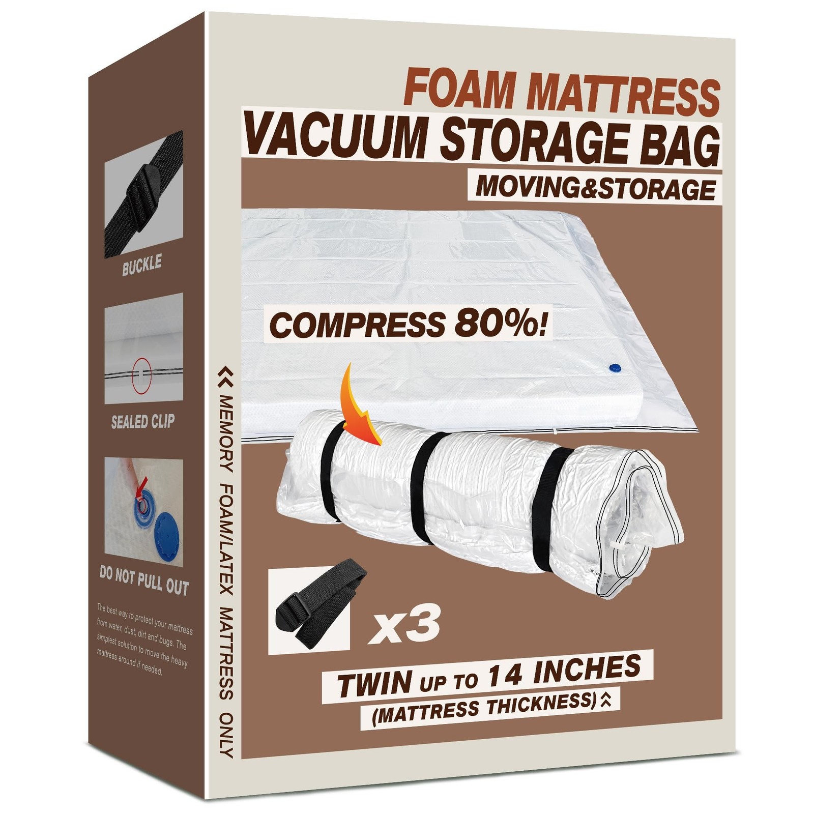 Twin Size Mattress Vacuum Bag for Memory Foam/Latex Mattress Upto 14 Inch, Mo...