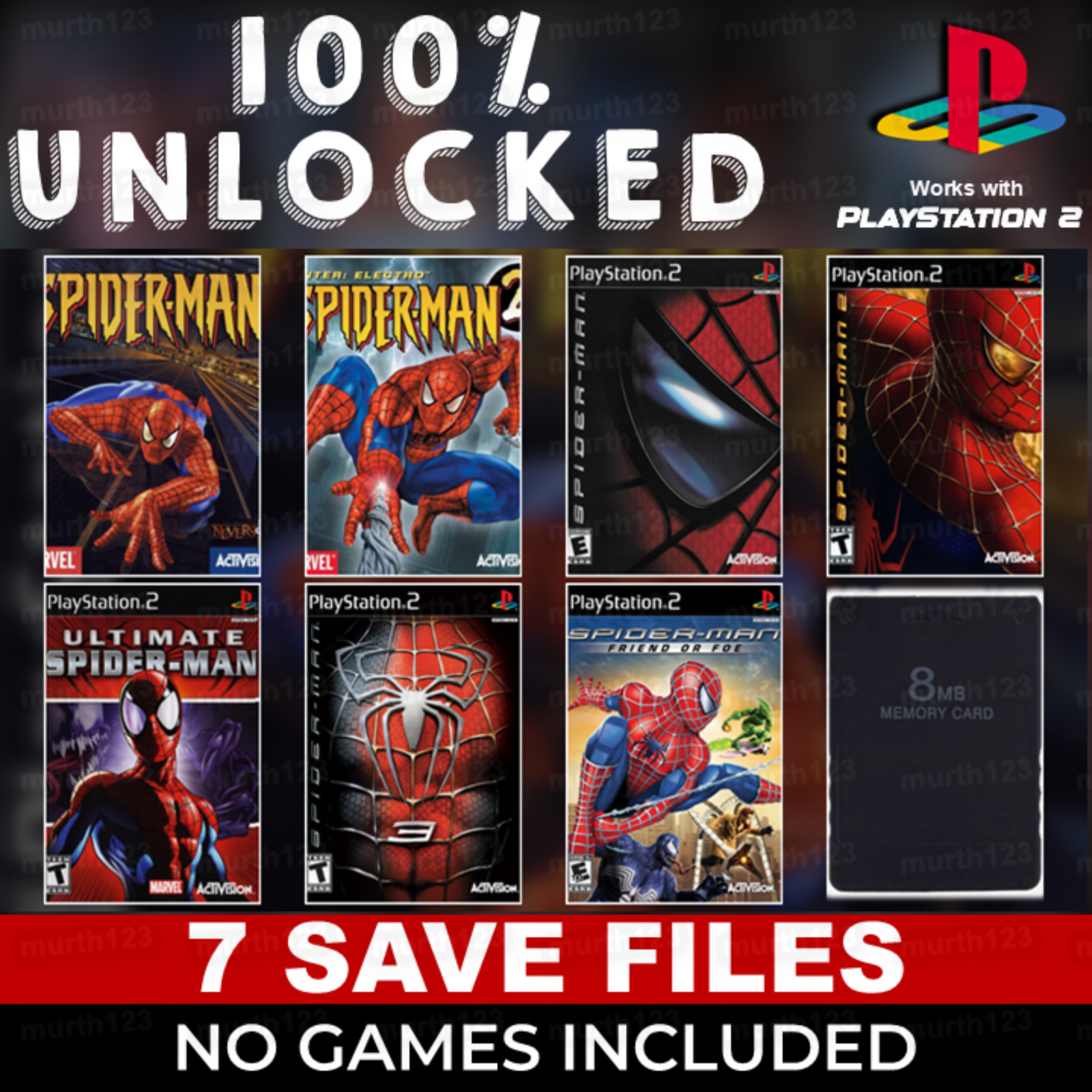 Spider-Man 1 2 3 PlayStation 2 PS2 Memory Card Unlocked 100% Completed Saves