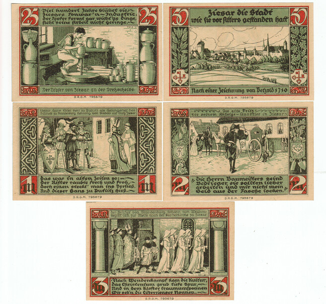 SET OF 5 GERMANY NOTGELD 25.50 PFENNIG 1.2.3 MARK ZIESAR 1920 UNC