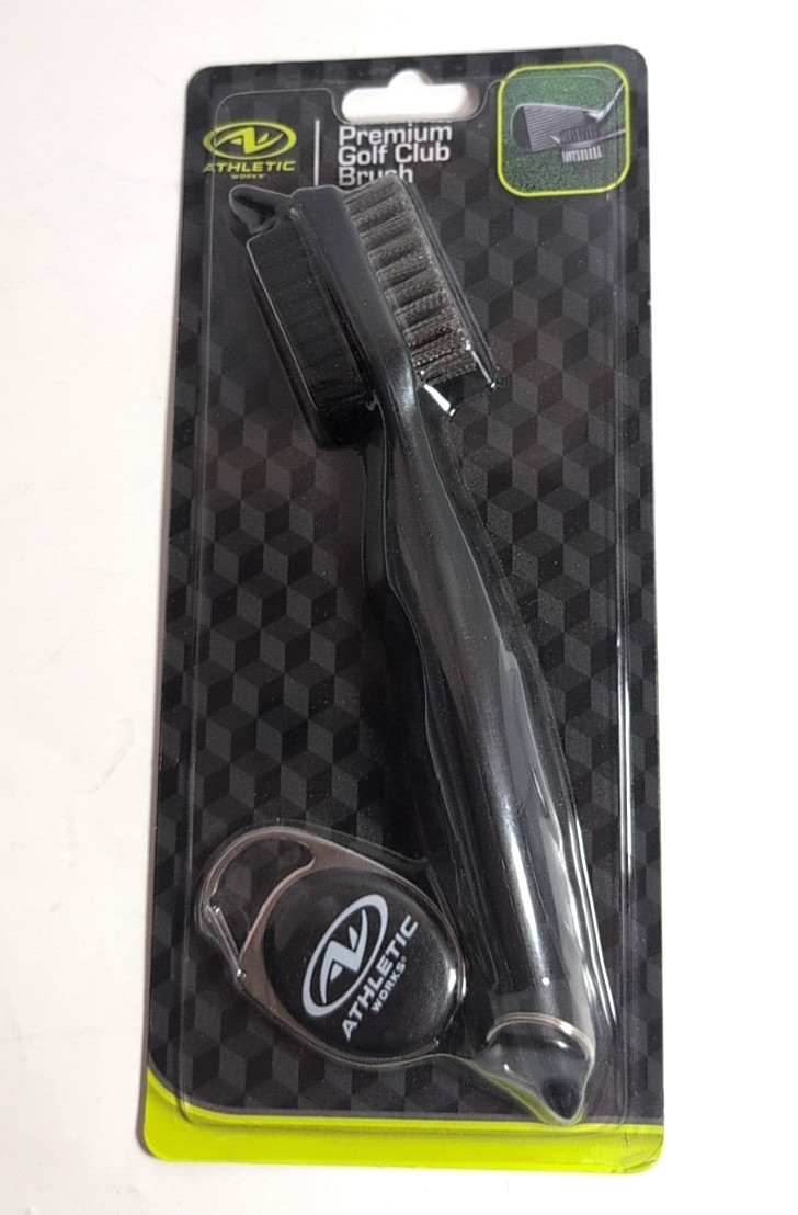 ATHLETIC WORKS PREMIUM CLIP-ON GOLF CLUB 2 SIDED BRUSH TOOL - NEW