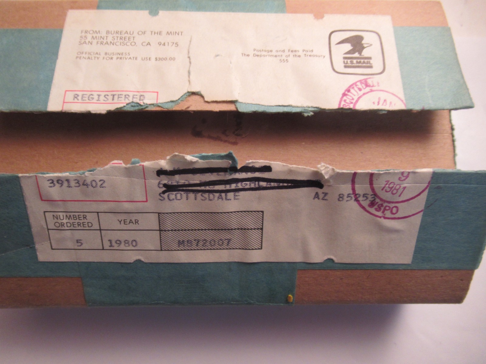 FIVE 1980 US Mint Proof Sets, original mailing box