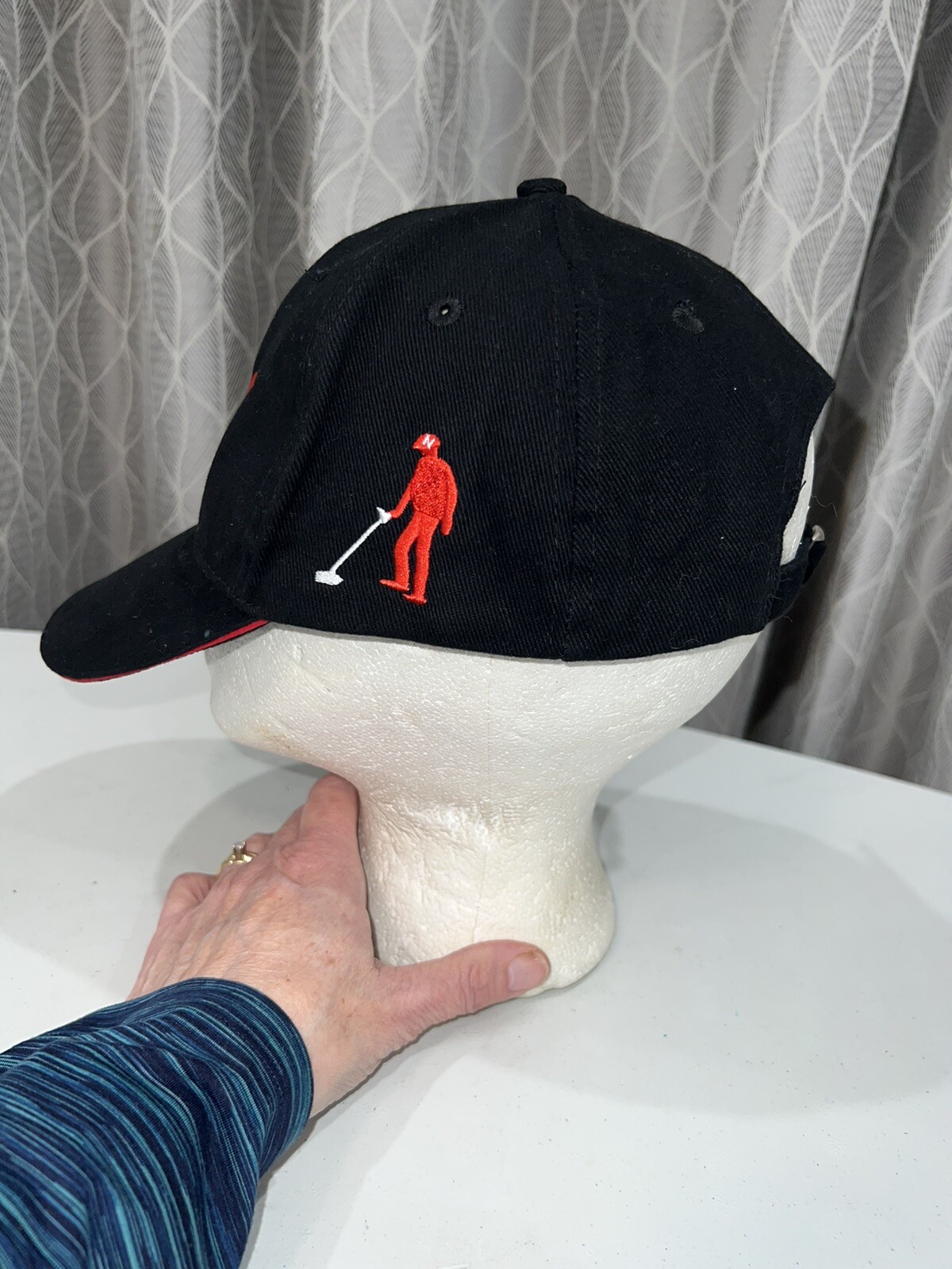Minelab Logo Black with red white embroidery accents Hat Cap Strap Buckle EUC