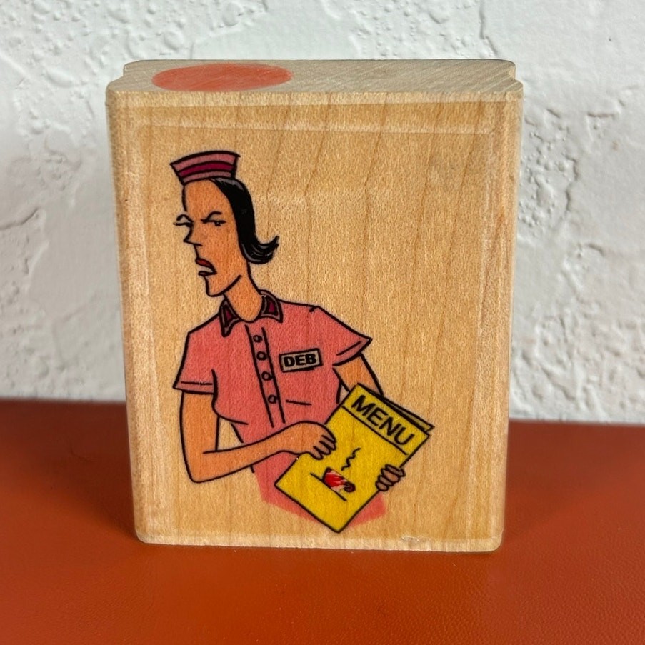 Vtg American Art Wood Mounted Rubber Stamp-Grumpy Waitress Menu - preowned
