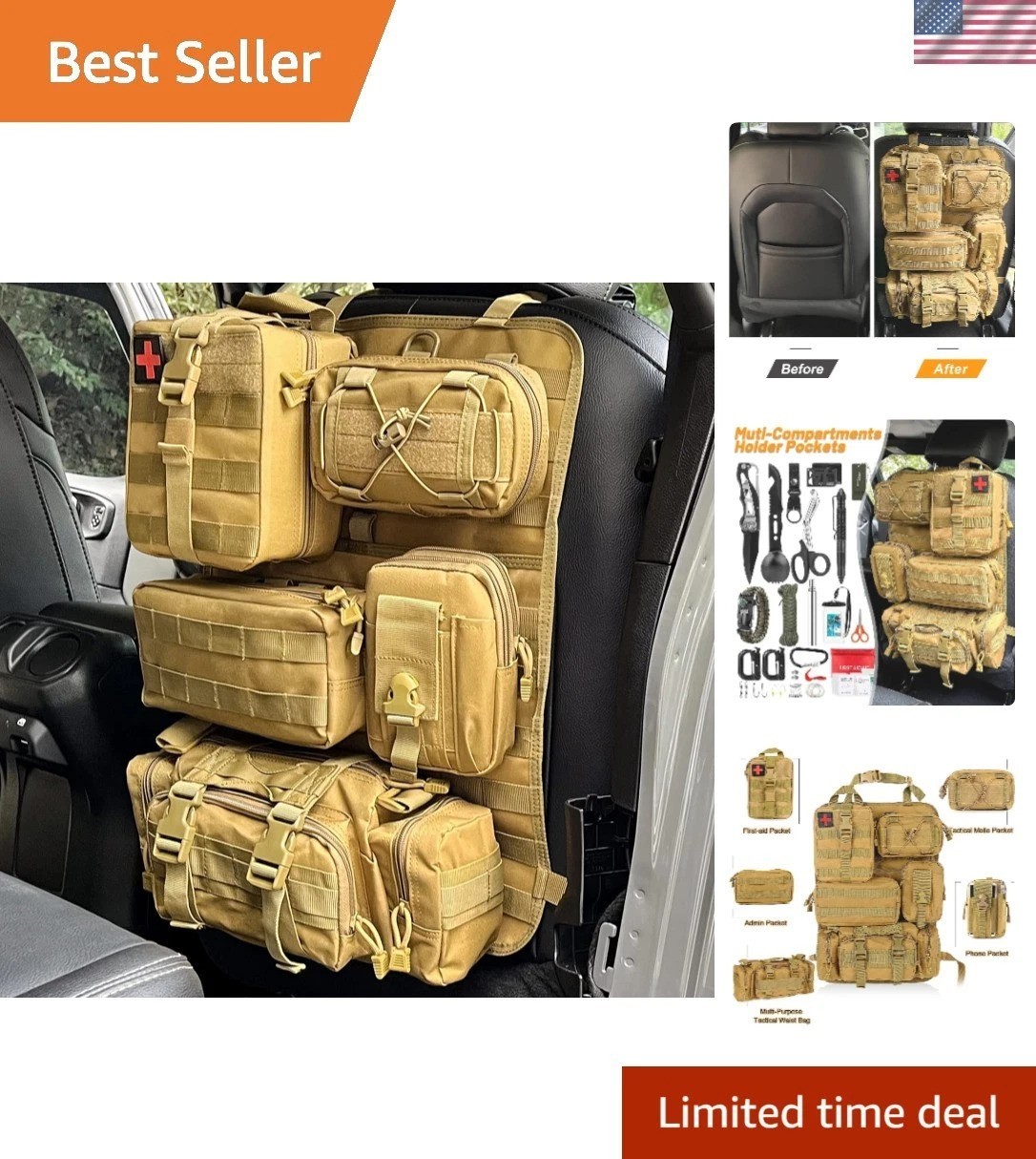 Adjustable Vehicle Back Seat Organizer - 5 Molle Pouches for Ultimate Efficiency