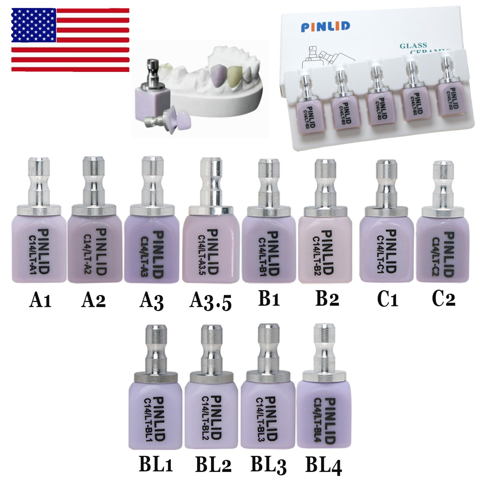 US C14 LT Glass Ceramic Blocks Lithium Disilicate CAD/CAM Cerec Blocks 5Pcs/Box