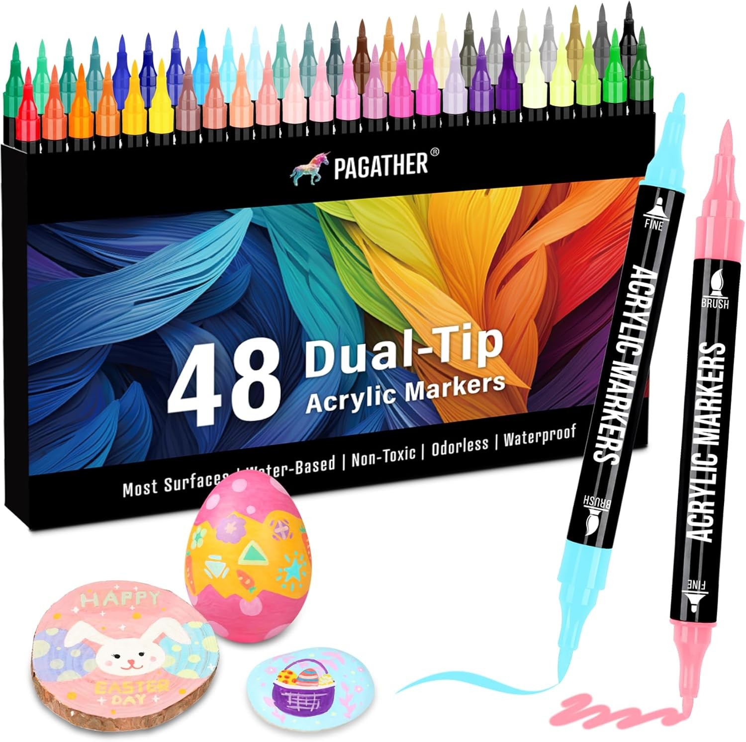 48 Colors Acrylic Paint Markers, Dual Tip with Fine Tip and Brush Tip Pens