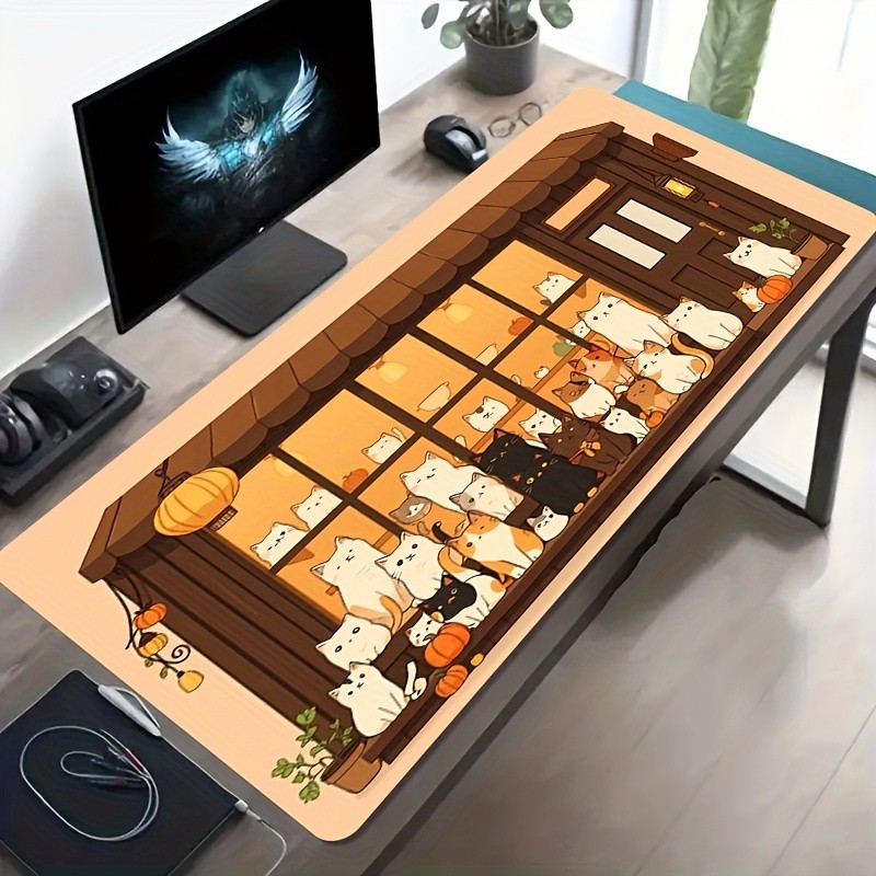 A Large Gaming Mouse Pad Featuring Cute Artistic Designs from a Cat Shop, with