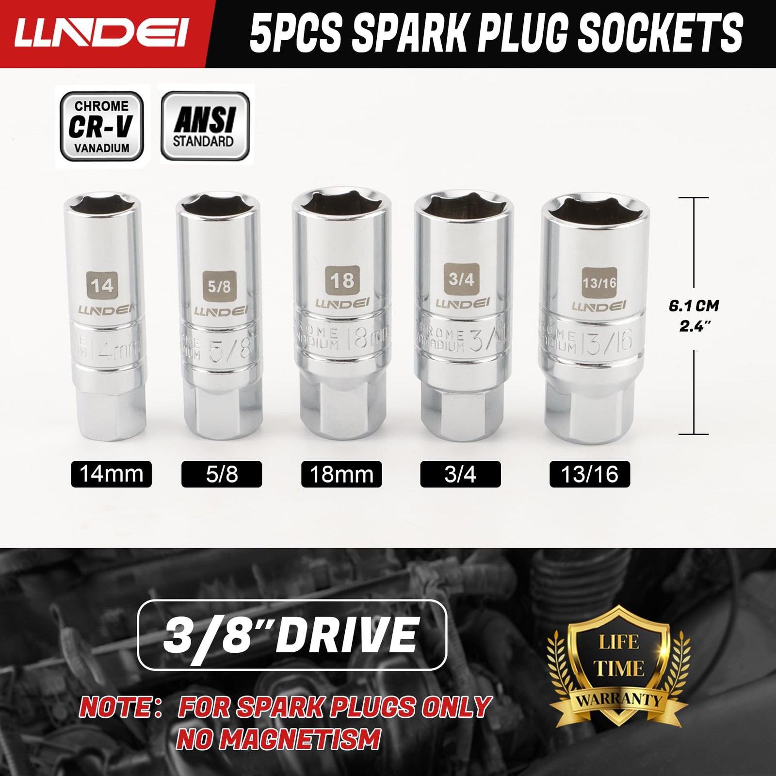 3/8" Drive Spark Plug Socket Set 7Pcs SAE/Metric CR-V