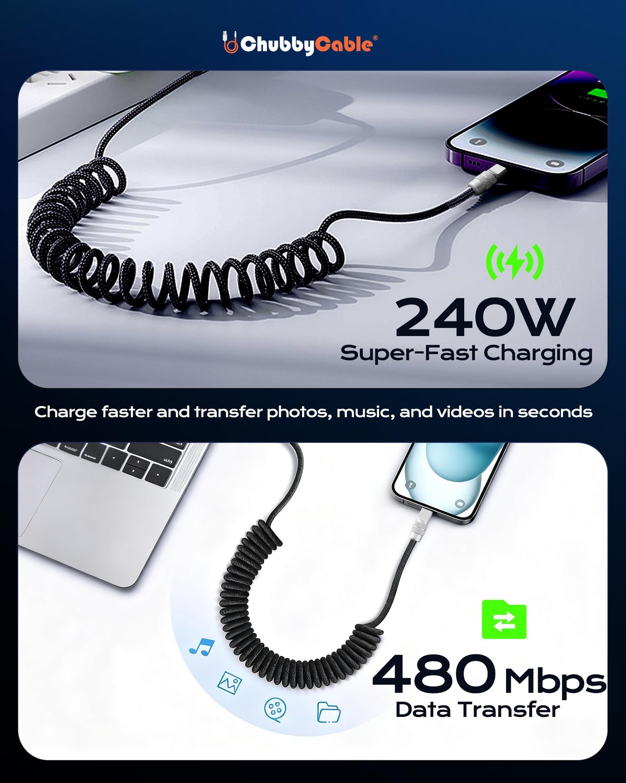 chubbycable Curly Chubby 120W Coiled USB C Fast Charging Cable Durable Braide...