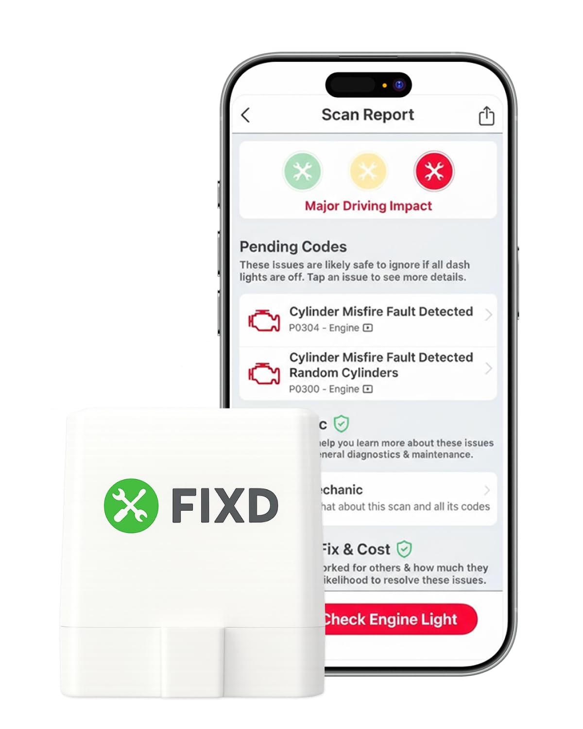 FIXD Bluetooth OBD2 Scanner - Car Diagnostic Check Engine Code 1 Pack, White