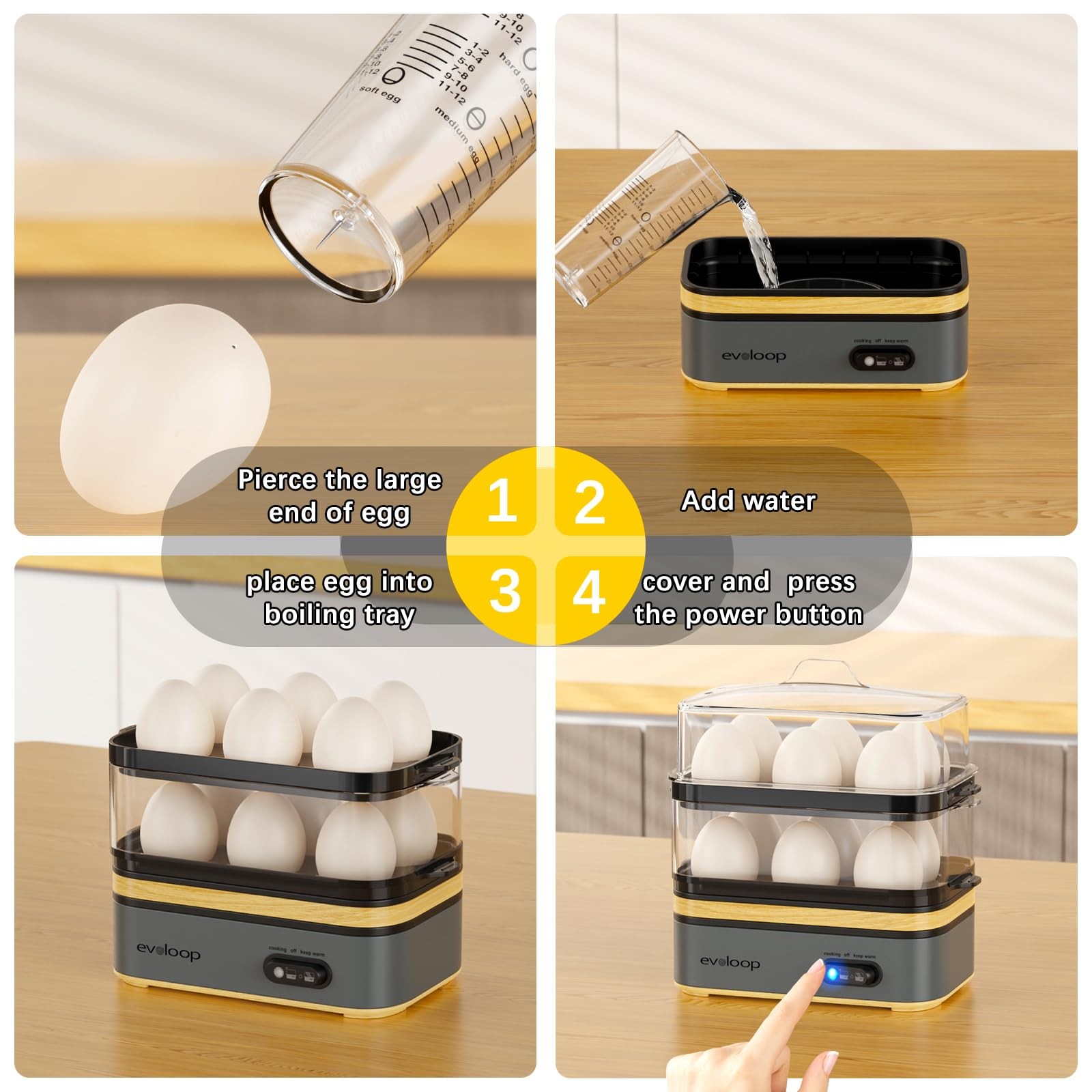 Evoloop Rapid Egg Cooker Electric 12 Eggs Capacity, Soft, Medium, 5*7*8, Grey