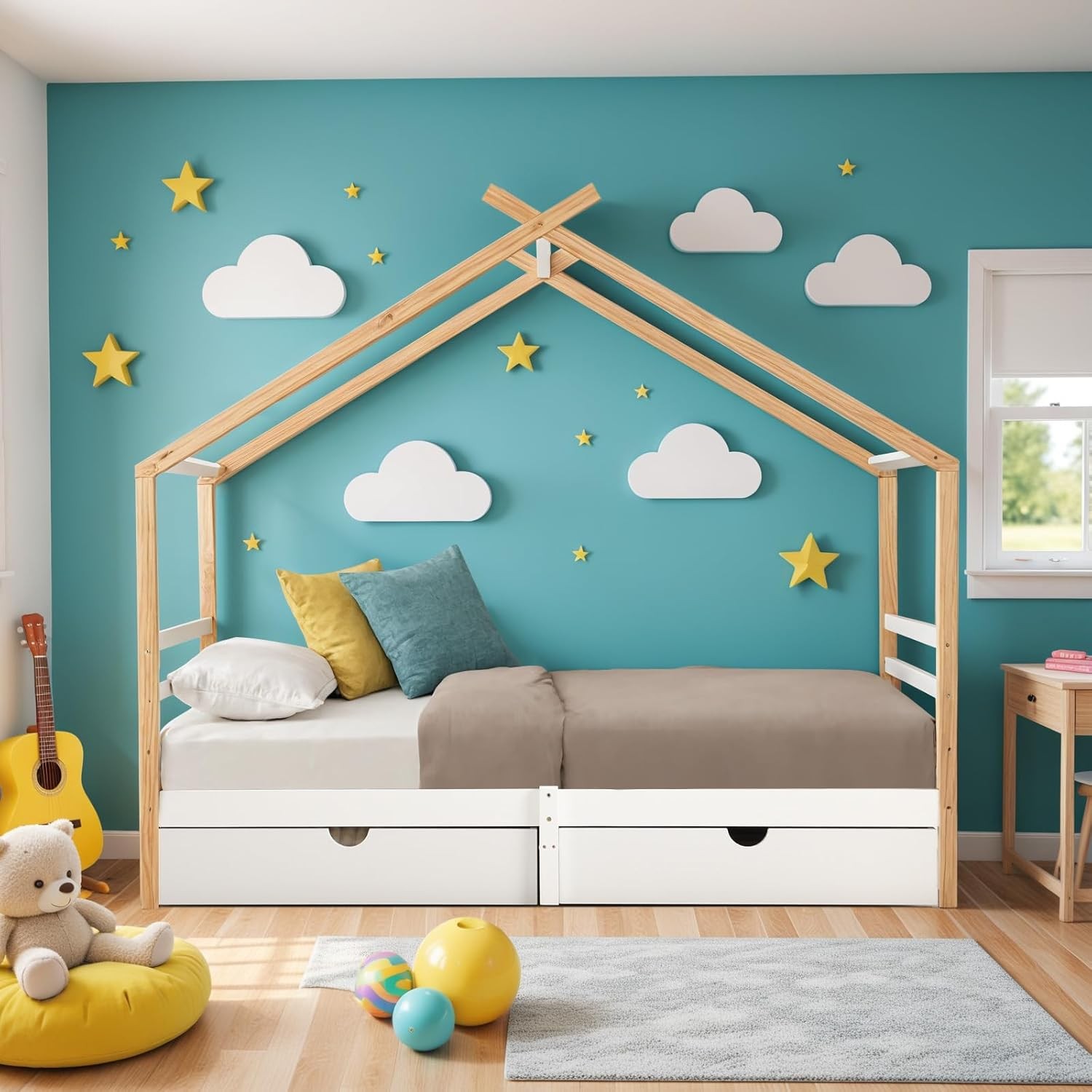 Twin Size Kids House Bed Frame 2 Storage Drawers Wooden Platform Bed