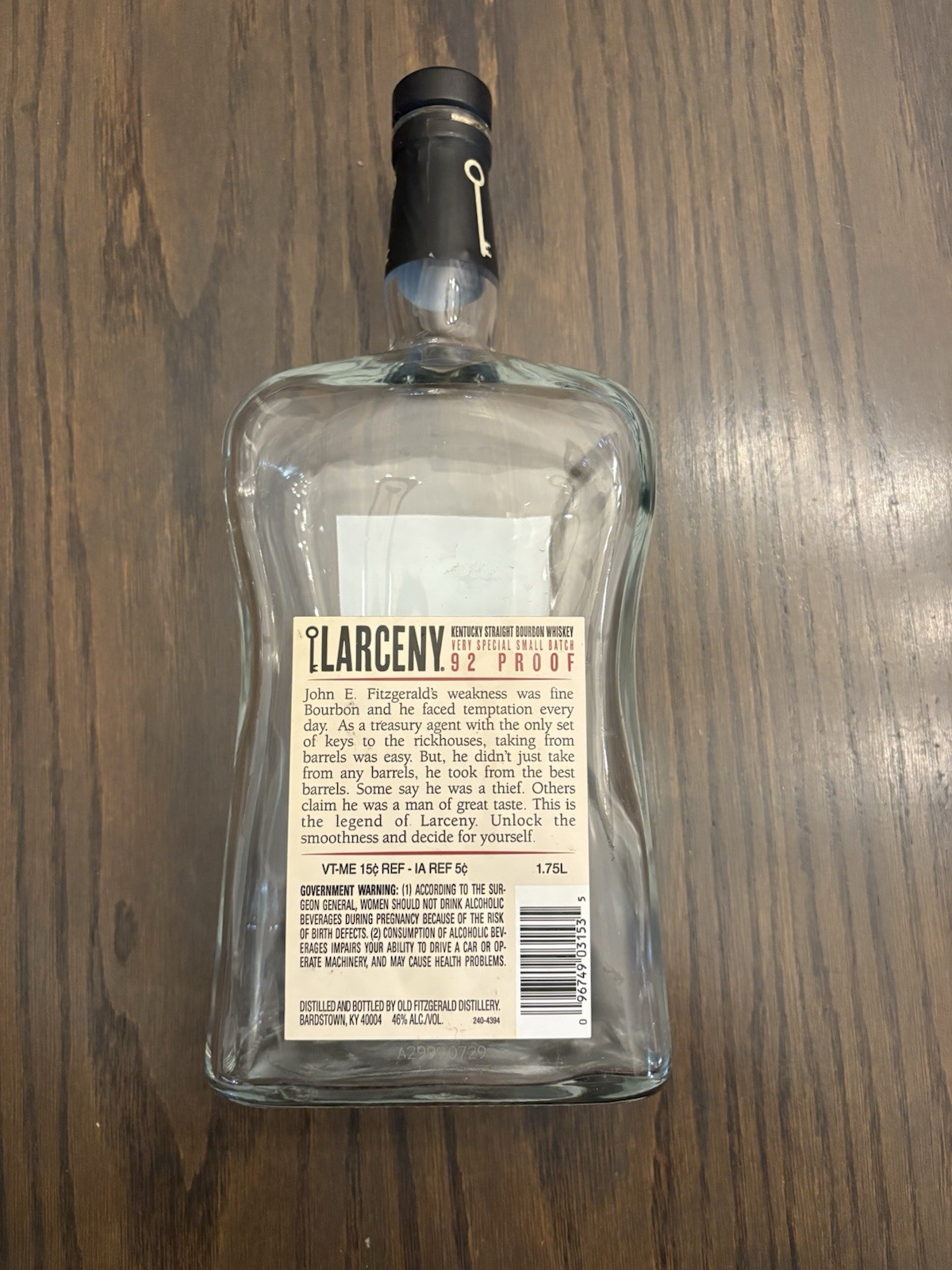 John E Fitzgerald Larceny Kentucky Bourbon 1.75 Liter - Empty Unwashed Bottle