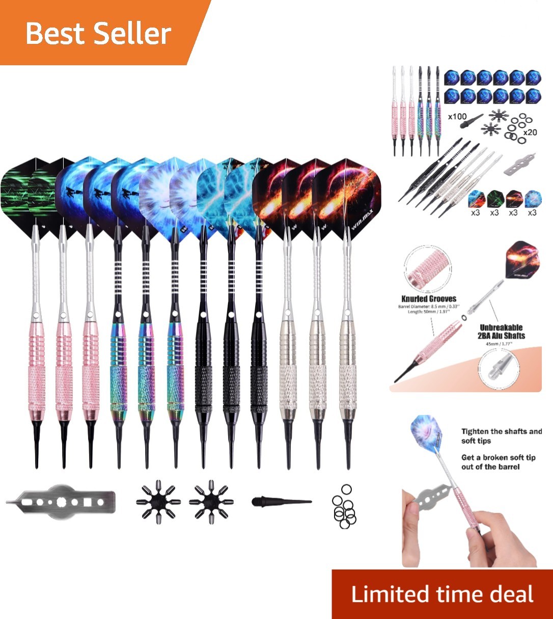 Durable 18g Soft Tip Darts Set - 12 Darts with 100 Tips & Unique Flight Designs