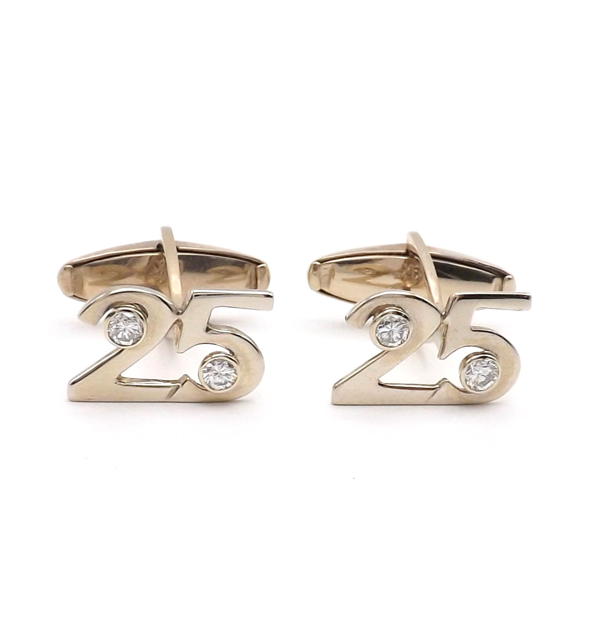 Solid 14K Gold Number 25 Bezel Setting Cufflinks Natural Diamond Anniversary L&M