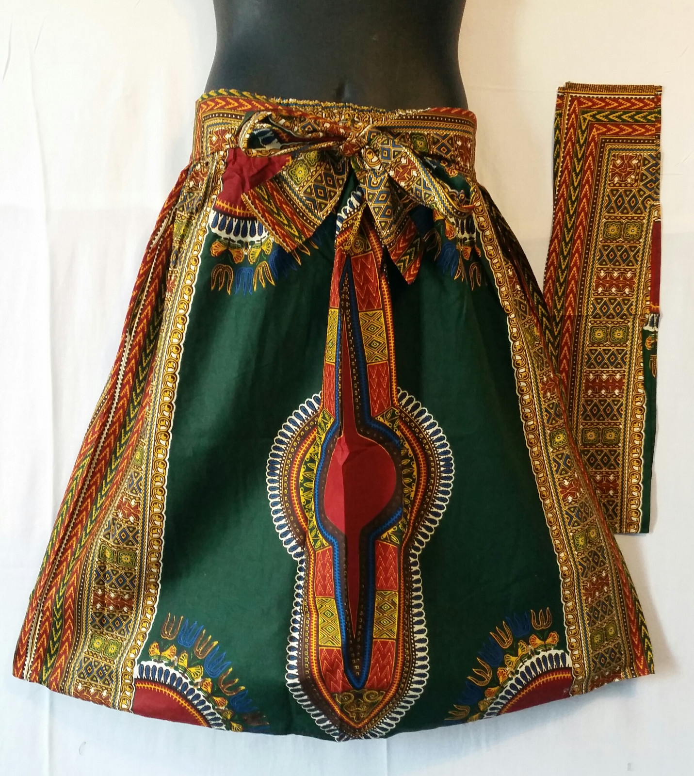 Ankara African Women Midi Skirt Dashiki Print 2 Pocket & Belt Free Size H Green