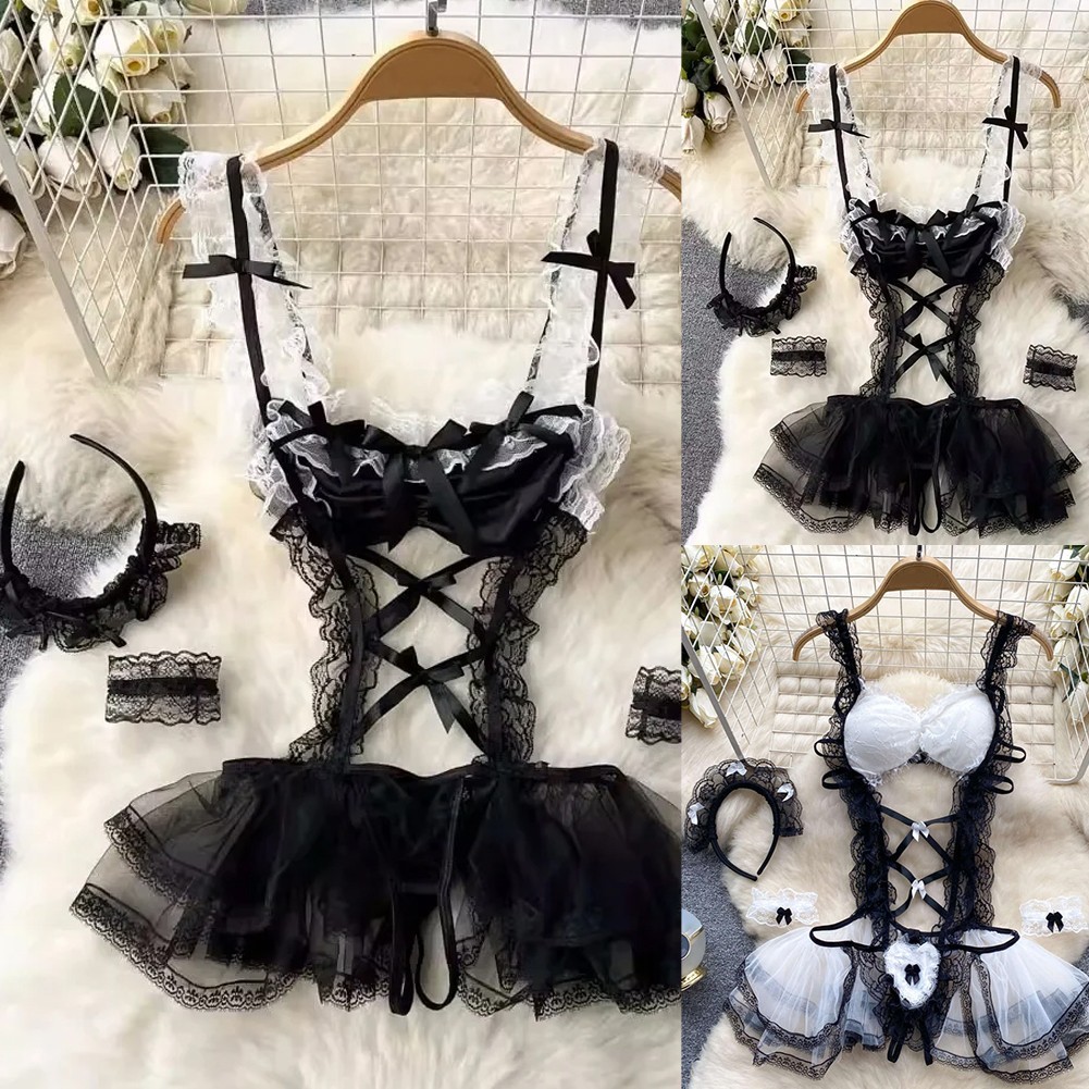 Sexy Maid Cosplay Costume with Headwear Black/White Jumpsuit Bodysuit Nightwear