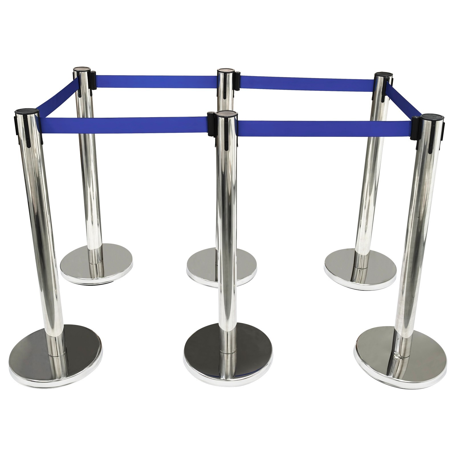 6PCS Stanchion Posts Queue Pole Retractable Blue Belt Crowd Control Barrier