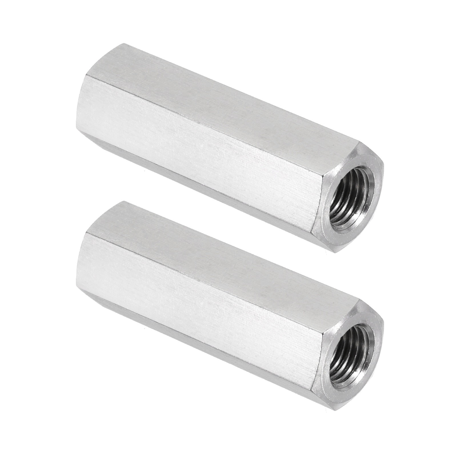2Pcs M10x1.25 Pitch 50mm 1.97" 304 Stainless Steel Hex Coupling Nut Connector