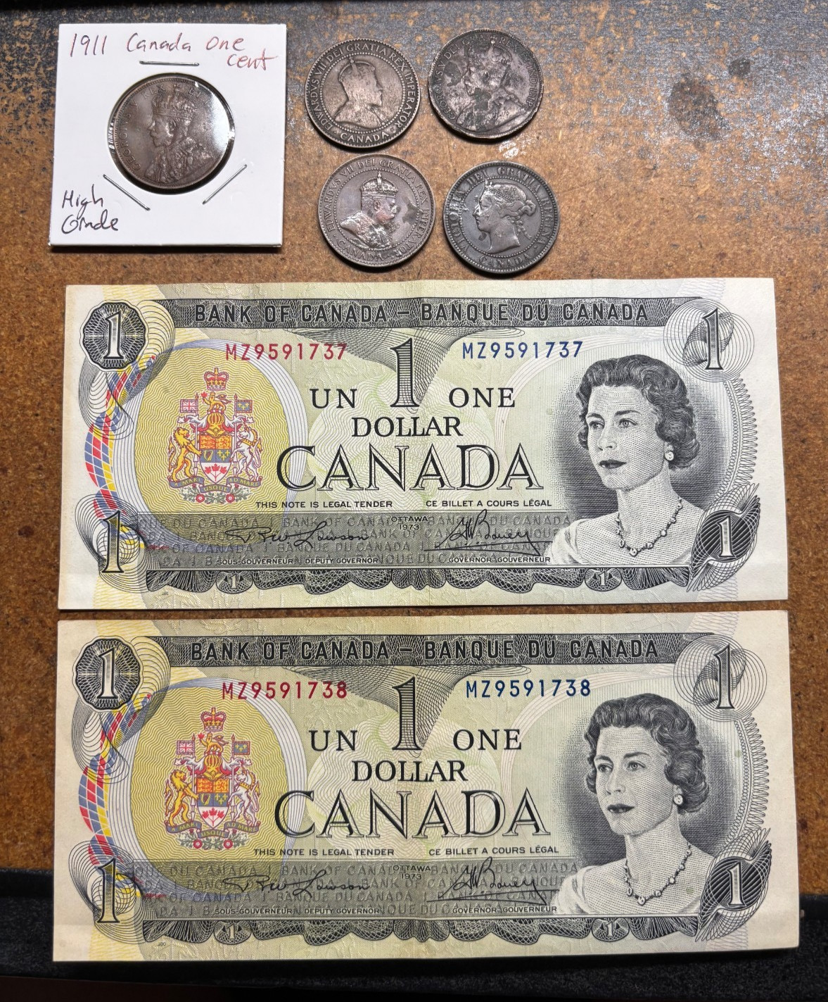 Lot 2 1973 Canada $1 BankNote CONSECUTIVE Serial Number + 5 ONE CENT Penny 1886
