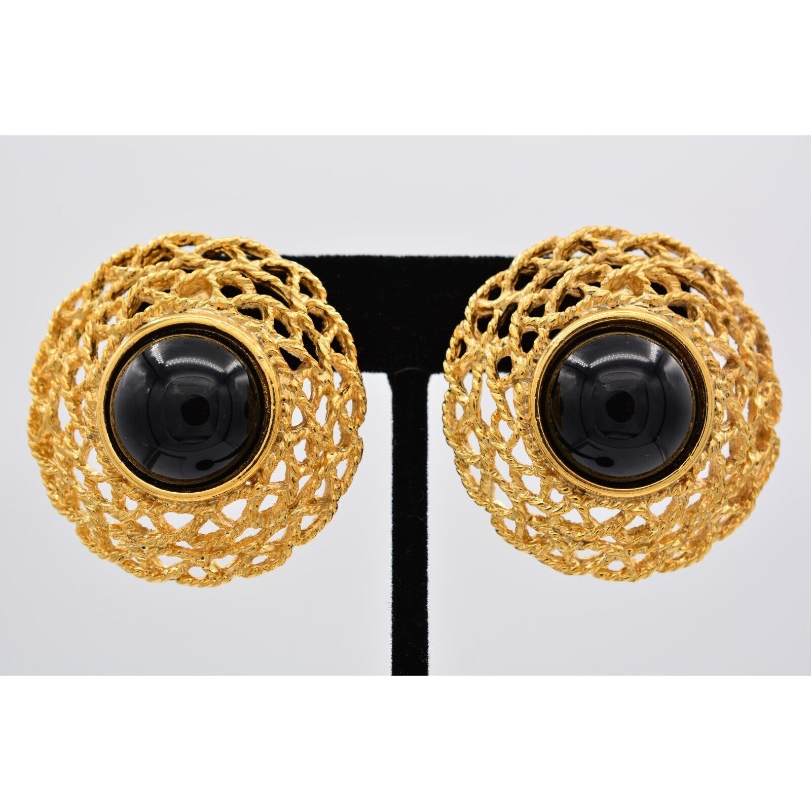 Vintage Black Cabochon Clip On Earrings Gold Tone Chunky 1990s Statement NOS W1