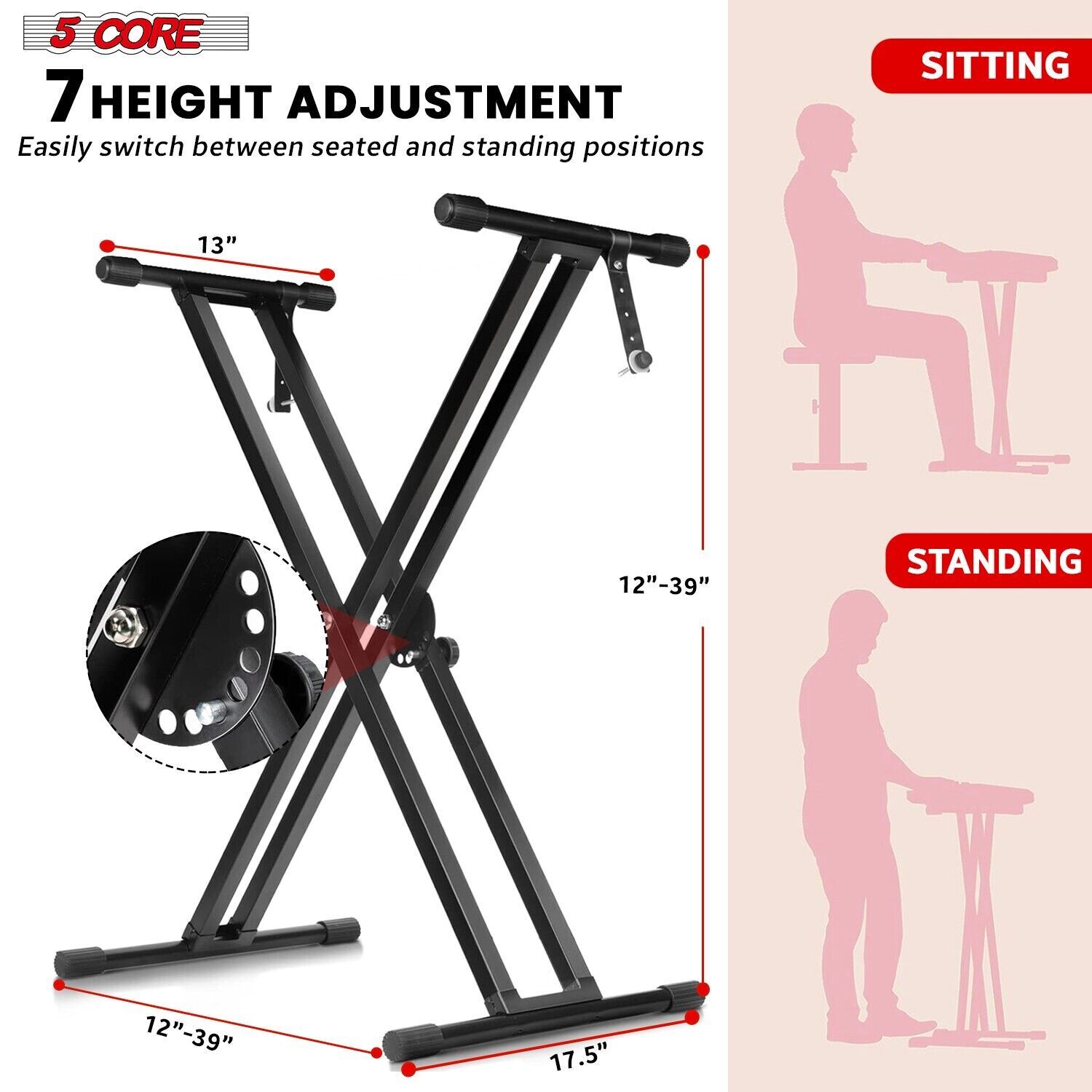 5Core Keyboard Stand Double X Style Adjustable Lift Piano Riser For 49 - 88 Keys
