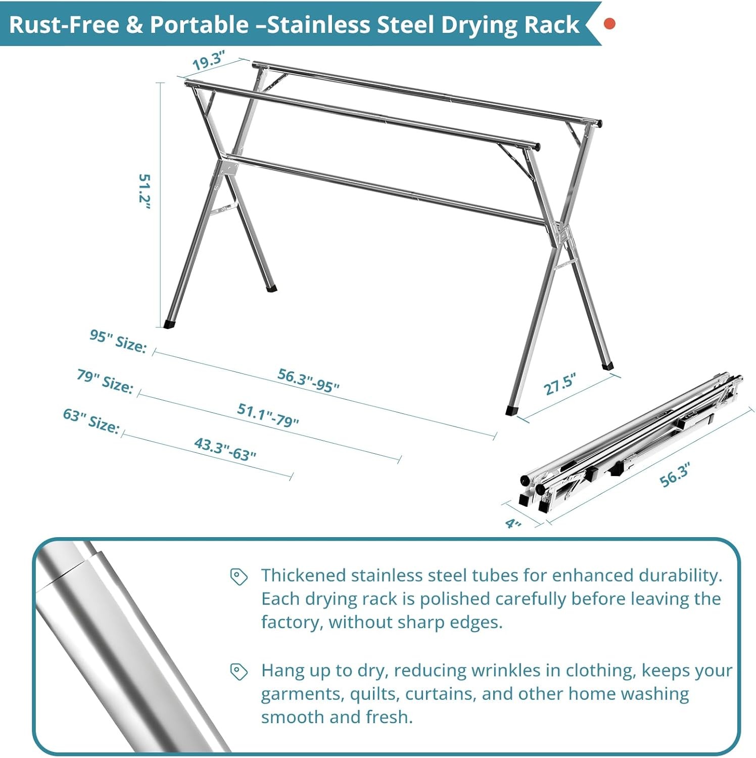 79 Inch Foldable Laundry Rack Outdoor Indoor Heavy Duty
