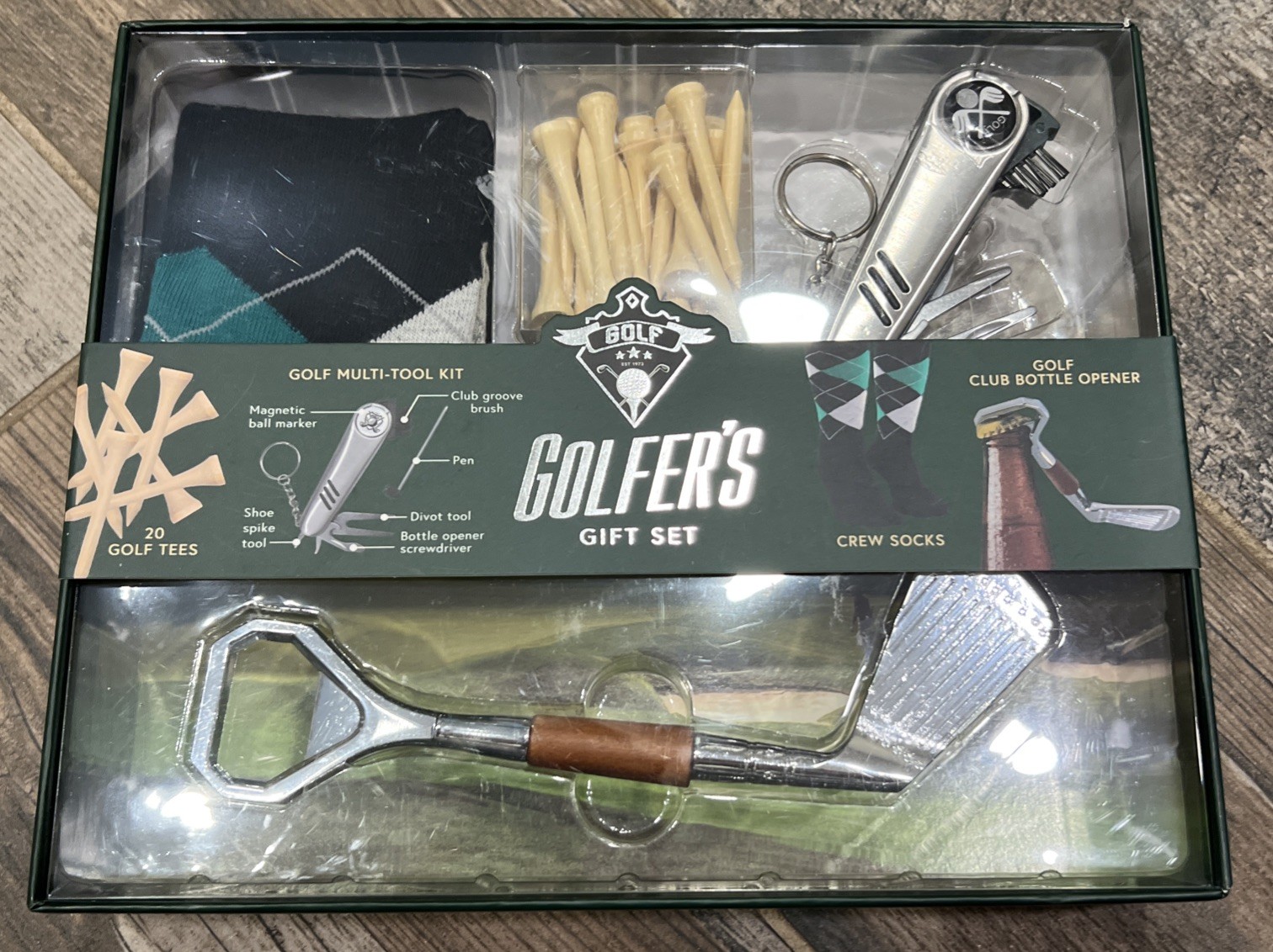New Golfers Gift Set Golf Club Bottle Opener Box, Golf Tees, Socks, Multi Tool