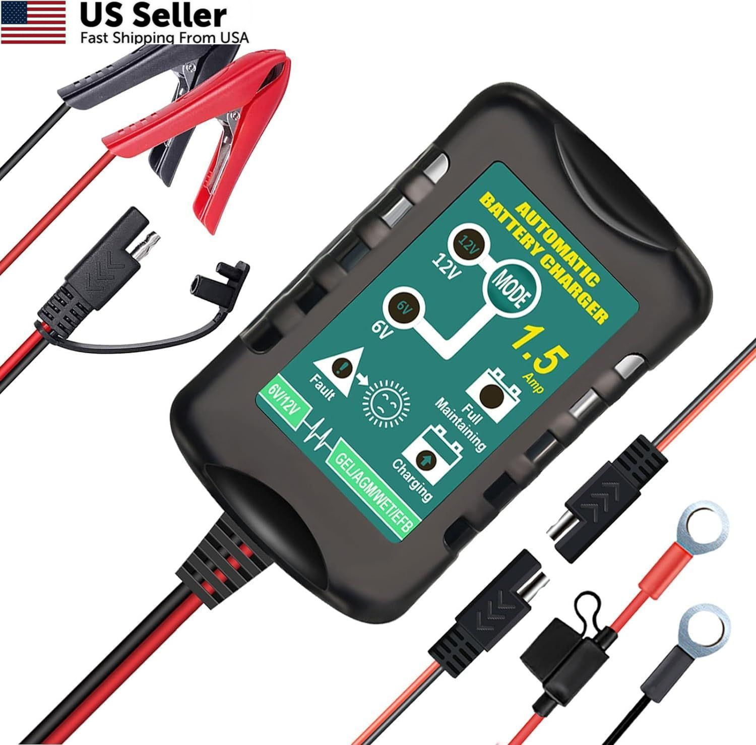 12V / 6V Battery Trickle Charger Maintainer, 1.5A Automatic Smart Float Black