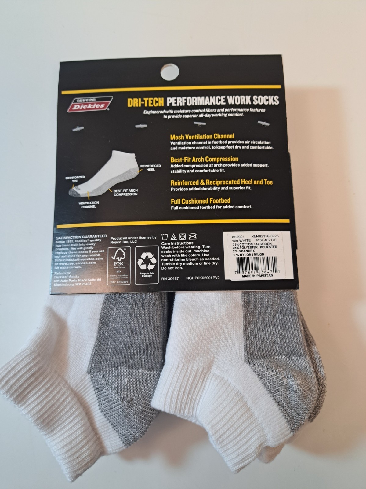 Dickies Mens Work Dri-Tech No Show Socks 6 Pair Shoe Size 6-12 White Grey