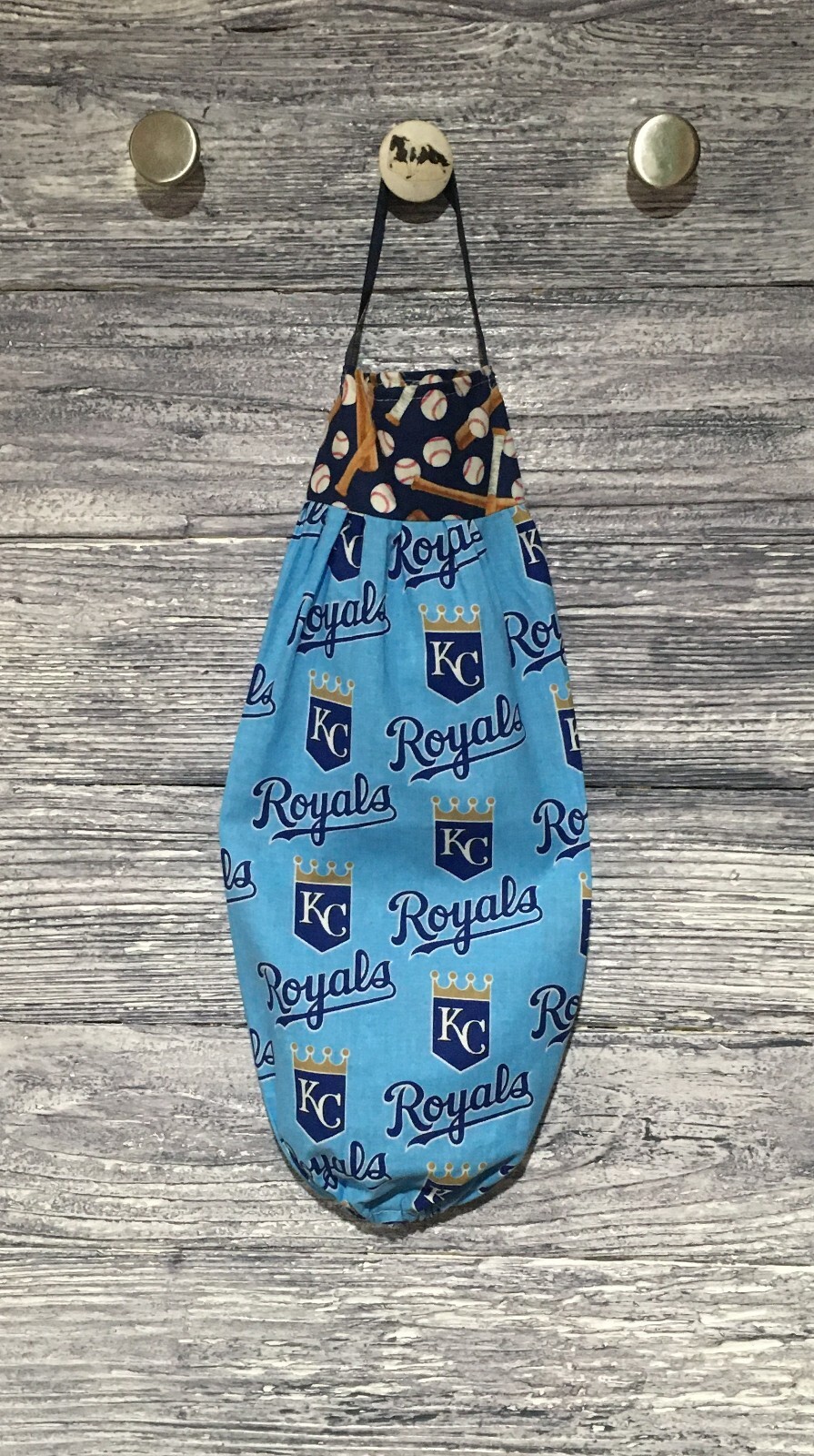 Plastic Grocery Bag Rag Sock Holder KC Royals MLB Baseball Logo on Powder Blue