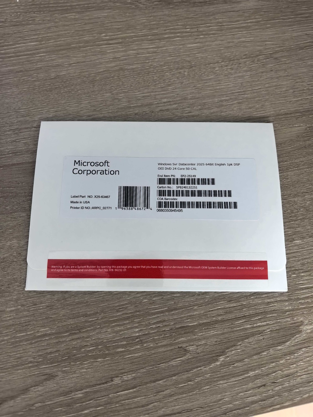 Windows Server 2025 datacenter 64bit 24 Core 50 cal DVD + PRODUCT LICENSE KEY.