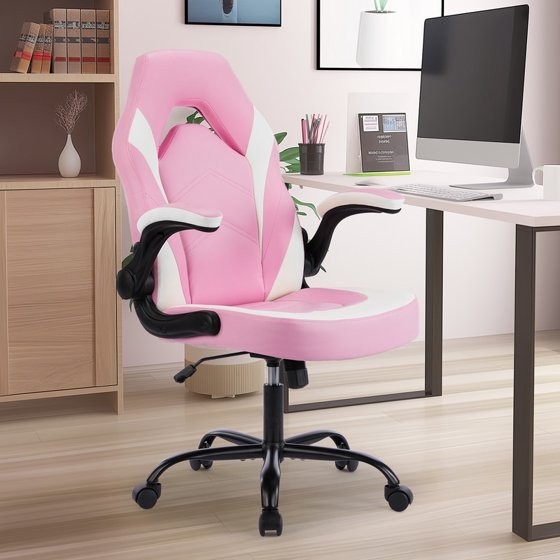 Gianna Ergonomic Gaming Chair, PU Leather, Flip-Up Arms, Pink/White