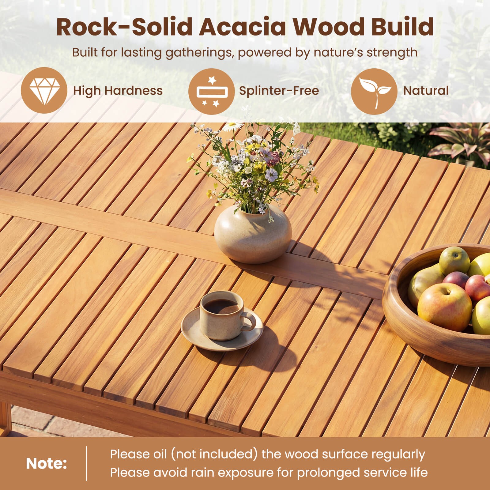 Outdoor Acacia Wood Dining Table, Rectangular Patio Table w/Slatted Tabletop